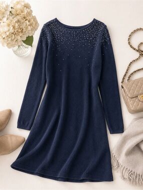 REPEAT Silver Edition 100% Cashmere Rhinestone‎ Sweater Dress Navy Blue Size S